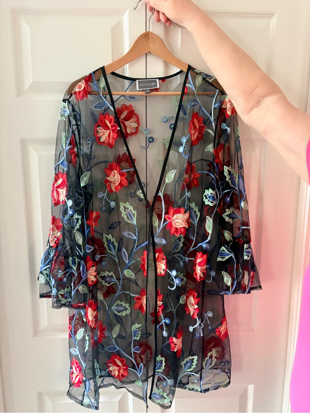 Black Floral Embroidered Sheer Robe - Red Floral